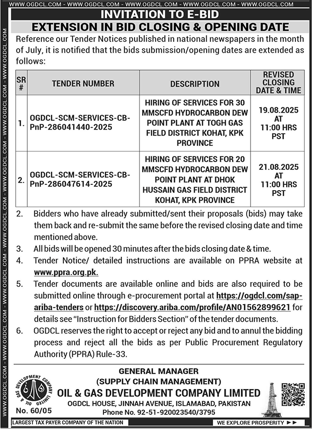 Oil & Gas Development Company Limited Islamabad Tender Notice
